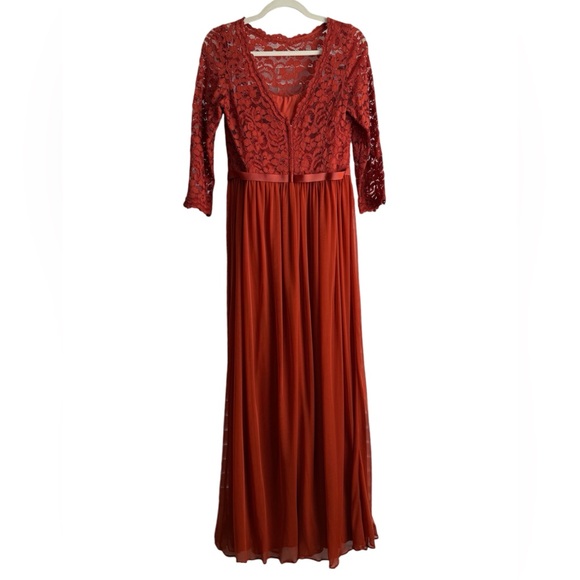 David's Bridal floor length burnt orange lace overlay dress with side slit sz 8 - Picture 3 of 14